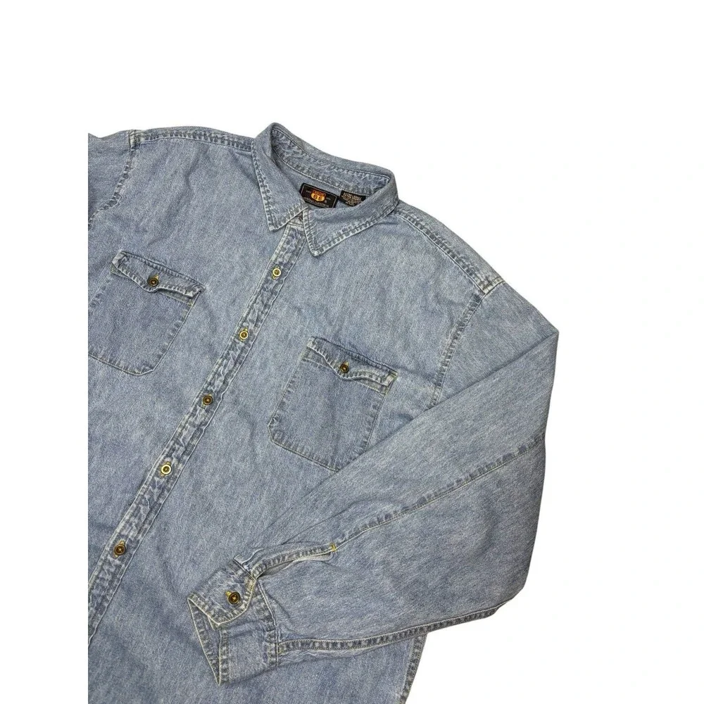 Vintage Route 66 Denim Shirt Mens XL Blue Light Wash Long Sleeve Button Cotton